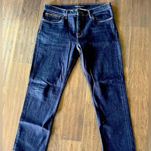 Dark Rinse “Rising Sun” straight leg blue jeans